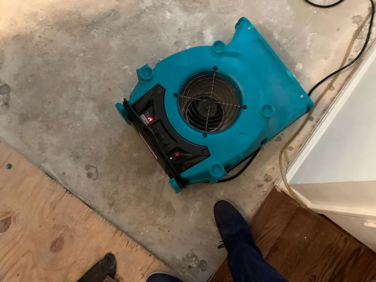 Air mover drying subfloor during Leak Detection & Repair in Raymore
